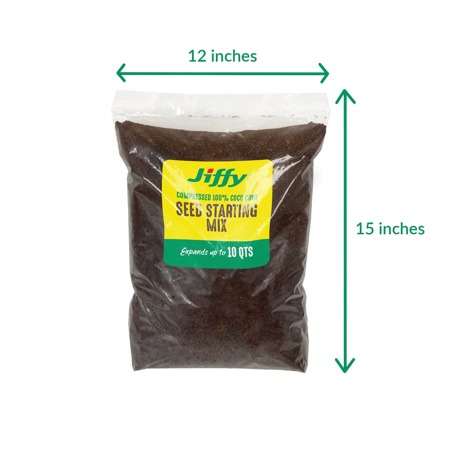 Bag of Jiffy seed starting mix with dimensions indicated on a white background